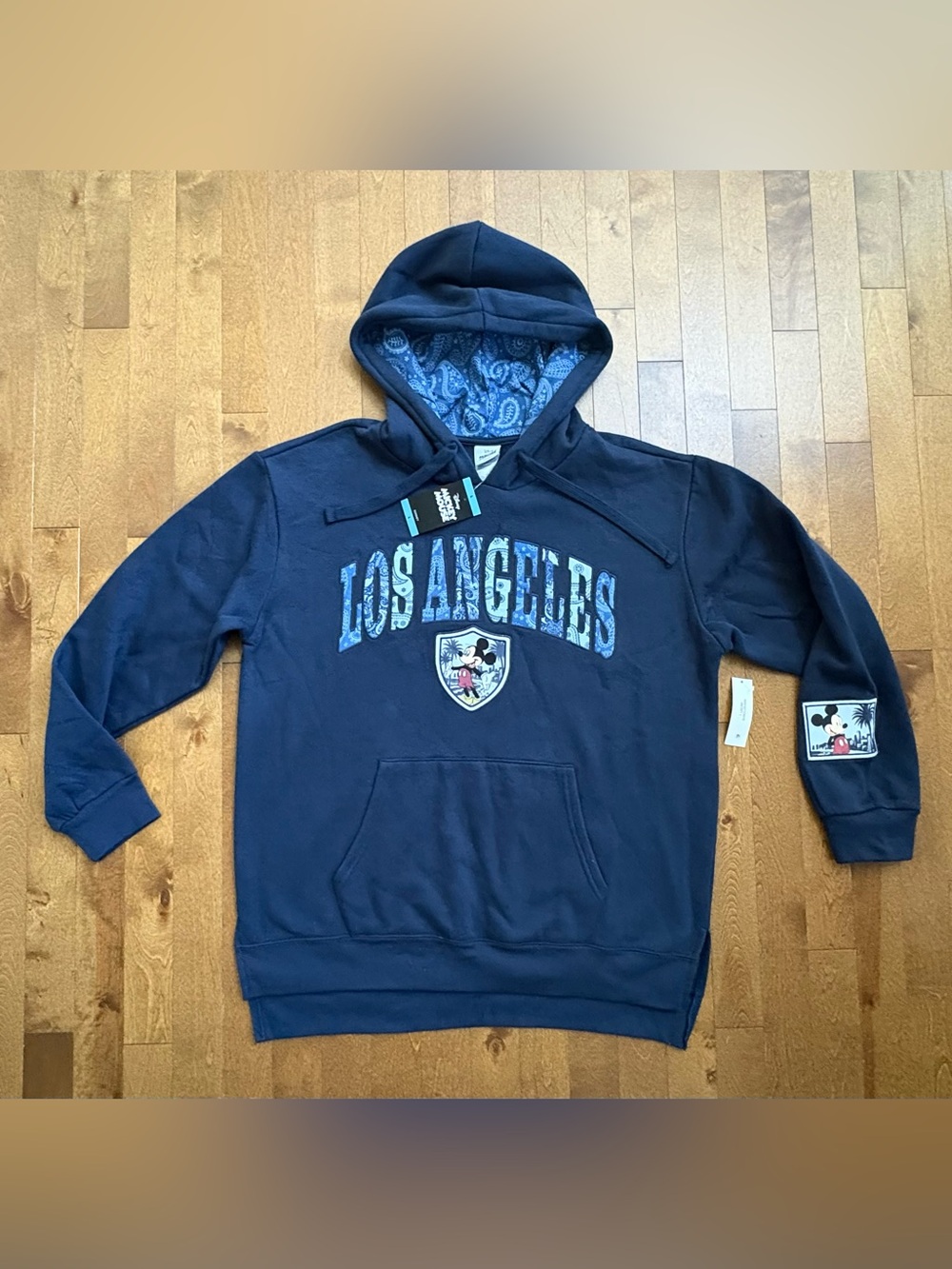 Disney Mickey Mouse "Los Angeles" Paisley Patchwork Destination Hoodie Navy – L